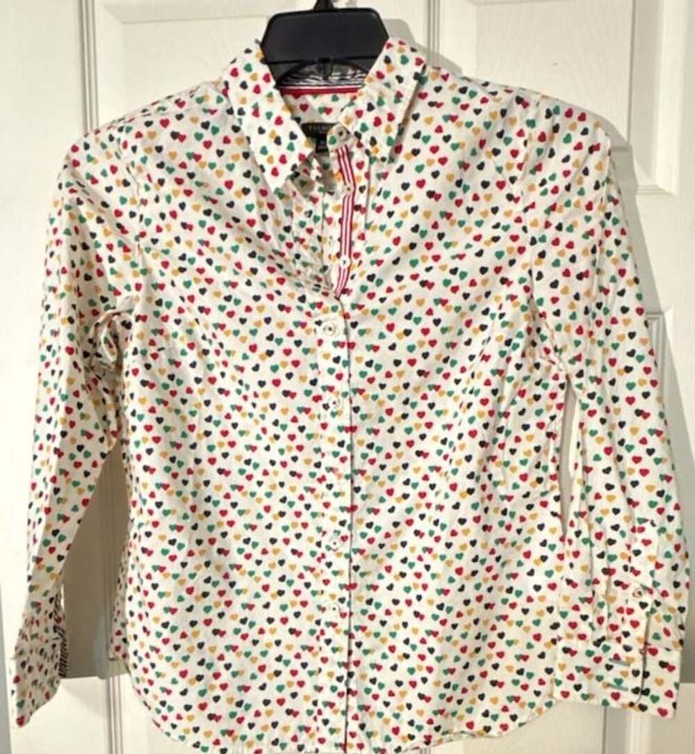 Talbots Ditsy Hearts Cotton Shirt Size SP Multicolor Long Sleeve
